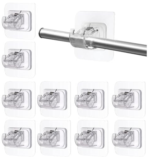10pcs No Drill Curtain Poles Brackets, Self Adhesive Curtain Pole Hooks, Transparent Curtain Rod Bracket Holder, Adjustable Curtain Pole Brackets for Kitchen Bedroom Bathroom (Transparent)