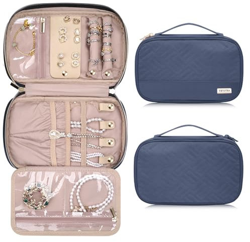 TBTOTRA Jewelry Travel Case Organizer for Necklaces, Earrings, Rings, Bracelet, Watch, Soft Sided, Blue