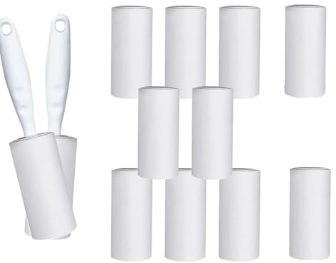10 Rollen Klebrig Fusselrolle mit je 60 Blatt + 2 Abroller, Ersatzrollen für Kleidung, Bürstenkleidung, geeignet für Sofas, Betten, Teppiche und Tierhaare