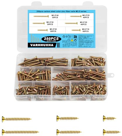 250 Piezas Tornillos para Madera, Tornillos Autorroscantes para Madera, Tornillos Universales, Tornillos de Cabeza Avellanada Phillips, Tornillos de Cabeza Plana Cruzada para Conexión de Maderas