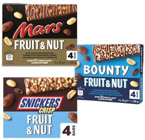 Triple Treat Fruit & Nut Milk Chocolate Snack Bar Bundle With Mars 4x32g, Snickers 4x32g and Bounty 4x32g (3 Pack)