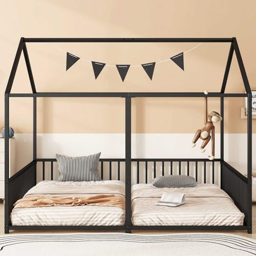 YEHTOKHOME Lits en métal 90x200cm,pour Enfants en Forme de Maison,Doubles Lits multifonctionnels avec barrières, dans Un Style Moderne(sans Matelas) (Noir)