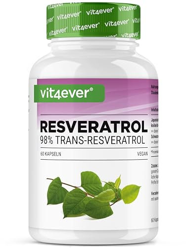 Resveratrol - 520 mg pro Kapsel - 98% Trans-Resveratrol aus japanischem Staudenknöterich Wurzel-Extrakt 100:1 + Piperin für optimierte Bioverfügbarkeit - 60 Kapseln - Hochdosiert - Vegan