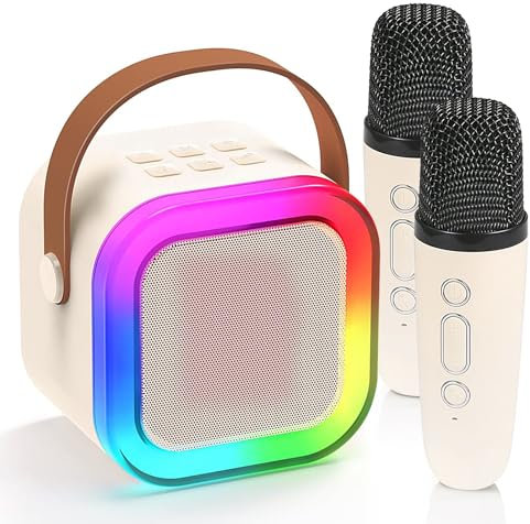 JIMACRO Mini Machines Karaoke with 2 Wireless Microphones, Karaoke Machine with LED Lights Bluetooth Speaker and Microphone Set for Kids Adults (White)