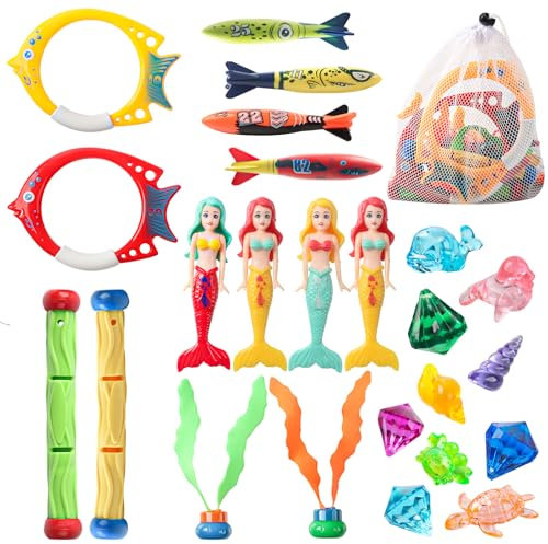 24Pcs Jouets Plongée Enfants Cadeaux, Set Jouets Plongée Piscine, Sirènes Anneaux Plongée Bâtons Jouets Algues Pierres précieuses Torpille Sac à Cordon, pour Plages Extérieures Pool Party Cadeau