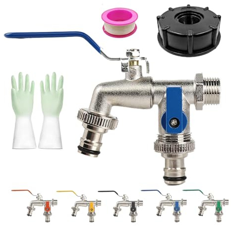 Universal Stainless Steel Double Outlet Garden Water Faucet, Upgraded Outdoor Water Tap Valve with Double Outlet, Double Outlet Outside Tap for Garden Hose, Washing Machines (Blue)