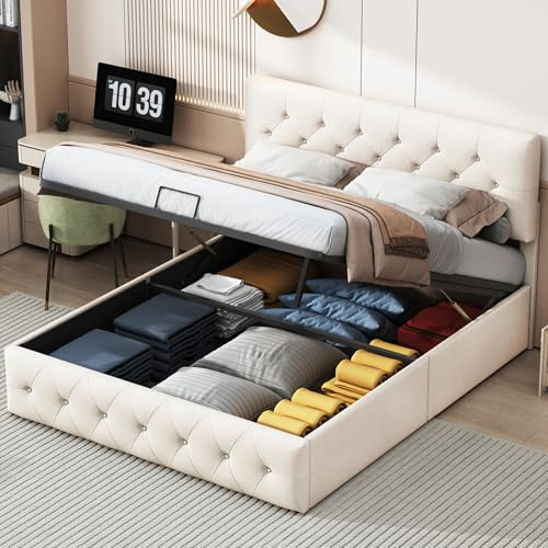 Letto baule 160 x 200 cm con testa regolabile in altezza letto matrimoniale con testiera regolabile in altezza, letto imbottito con contenitore idraulico(senza materasso) (Beige A, 160 x 200 cm)