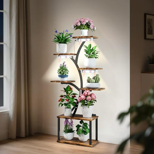 unho Växthållare inomhus med växtlampa, 150 cm trä MDF metall 7 nivåer blomhylla, krukhållare inomhus växande växtlampa för vardagsrum balkong