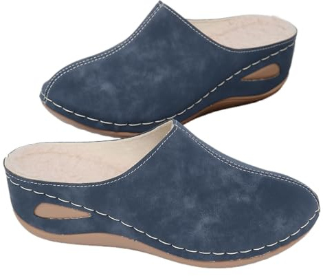 HESYSUAN Zuecos con forro de piel para mujer, con plataforma de cuña cómoda, cálidas, para invierno, acogedoras, de ajuste ancho, de gamuza sin espalda