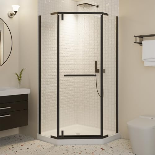 36 Neo-Angle Shower Door, Semi-Frameless Pivot Corner Shower Enclosure, 1/4 SGCC Tempered Glass with Safety Film & Nano Coating, Matte Black, 36 x 36 x 72 Inch, Base Not Included