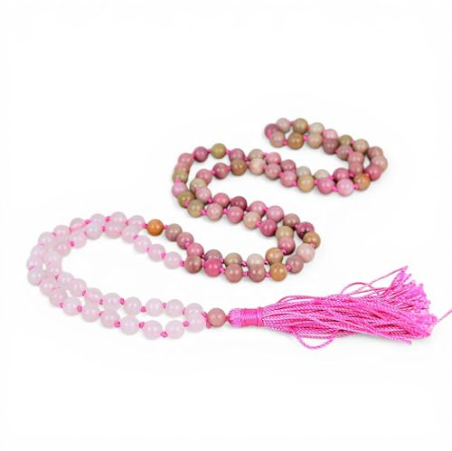 INFINITY GEMS AAA rosa rosenkvarts rodonit Japa Mala 108 pärlor halsband 6 mm handknuten meditation yoga bön Mala med rosa tofs