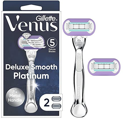Gillette Venus Deluxe Smooth Platinum Razors for Women, 1 Venus Razor, 2 Razor Blade Refills, Metal Handle with Anti-Slip Grip