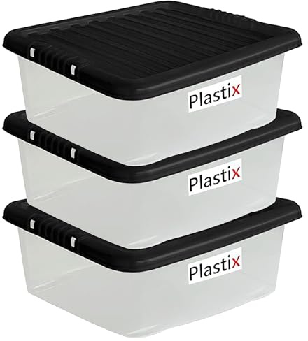 Plastix Clear Plastic Storage Box Boxes With Black Lids Home Office Stackable UK Made (3, 28L Underbed)