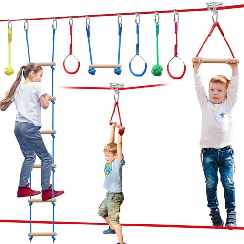 Ninja Warrior Obstacle Course for Kids，60ft Ninja Slackline-with 8 Pcs Accessories,Tree Protector & Carry Bag Ninja Course for Kids Outside-Backyard Zip Line for Kids