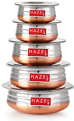 HAZEL Urli Handi - Set di pentole con fondo in rame e coperchio | Set di pentole in acciaio inossidabile di alta qualità | Ciotola da cucina | Contenitori con fondo in rame per cucinare, 5 pezzi