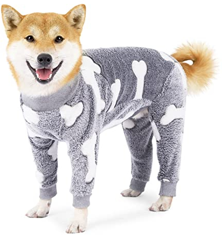 Greyoe Hunde Schlafanzug, Hundebekleidung Zubehör, Hundebody Nach op, Flanell-Hundepyjama für Kleine und Mittelgroße Hunde Winterkleidung Auslaufsicher Chirurgischer Einteiler (S, Knochen+Grau)