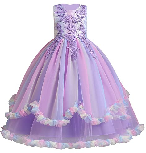 IDOPIP Enfants Filles sans Manches Dentelle Broderie Mariage Demoiselle d'honneur Princesse Couches Tulle Robes de fête soirée Bal Robe de Bal Violet Multicolore 150