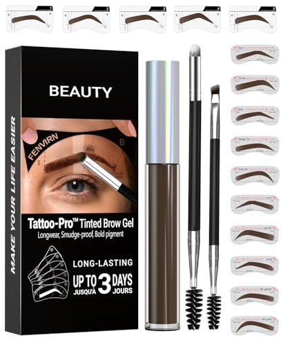 Kit de tinte de cejas: gel de cejas con plantillas, color de gel para cejas, tatuaje de cejas, tatuaje semipermanente, fácil de usar, dura hasta 3 días y resistente al agua, marrón oscuro