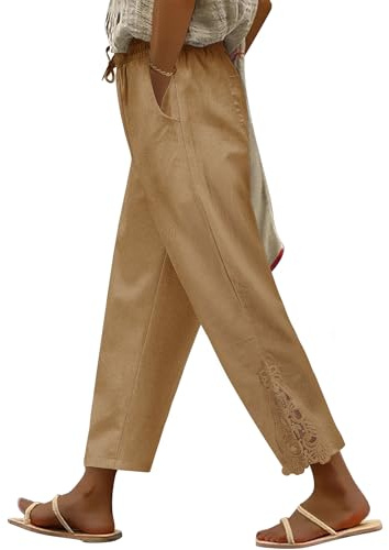 UMIPUBO Pantalones de Verano Mujer Algodón 7/8 Largo Pantalon con Bolsillos Yoga Pantalón Elástico Cintura Casuales Pantalón Playa Baggy Cómodo (Caqui, M)