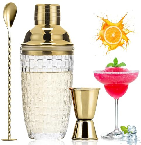 Shaker, set da cocktail da 400 ml, in vetro trasparente, con misurino a prova di perdite, per casa, bar, vino, succhi di frutta misti