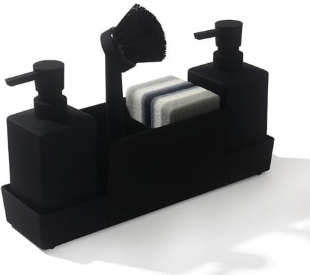 Juego de dispensador de jabón para fregadero 4 en 1 (negro), organizador para fregadero con soporte de esponja, bandeja de goteo de cepillo, dispensador de detergente doble de 350 ml, práctico gadget