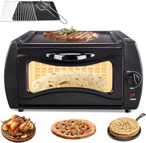 Elektrisk ugn, 2-i-1 pizzatillverkare med dubbelsidig uppvärmning, temperaturkontroll, visuellt glas, varm toppplatta dörr för pannkakor och omeletter