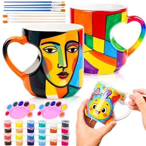 Yaunming Set di 2 tazze da pittura in ceramica, set fai da te per adulti, 2 tazze in ceramica, 12 colori senza piombo, 8 pennelli professionali, fai da te per adulti e bambini