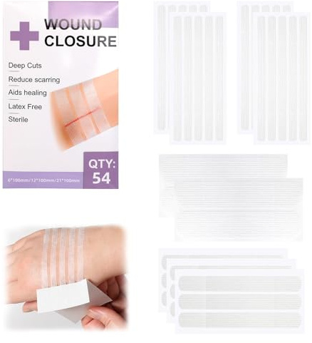 Lot de 54 bandes stériles de fermeture pour plaies de peau, 3 tailles, 54 points de couture papillon pour lacérations, incisions et coupures