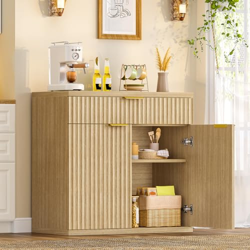 TEENFON Credenza Cucina Scanalata, Mobile con Cassetto e Ripiano Regolabile, Mobiletto Cucina in Legno Naturale con Maniglie Dorate, Credenza Soggiorno per cucina, soggiorno, ingresso-80x38x80cm