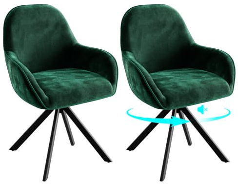 ELUCHANG Lot 2 Chaises Salle à Manger Pivotantes 360°, Accoudoirs Hauts, Coussin 10 cm, Velours Doux Luxueux, Résistance 150 kg, pour Salon/Bureau/Table, Vert