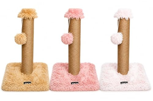 Gloria Tiragraffi per Gatti in Sisal con Pompon, Colonna Grattatoio con Base Pelosa Morbida, Palo Anti Graffio 55cm o 80cm, Beige Rosa Bianco (Rosa, 33x34x55h)