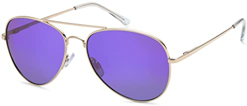 styleBREAKER Unisex Pilotenbrille Sonnenbrille Polycarbonat Gläser, Metall Vollrand Gestell mit Federscharnier 09020037, Farbe:Gestell Gold/Glas Lila verspiegelt