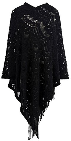 LAEMILIA Ladies Knitted Lace Shawl Poncho Asymmetric Tassel Winter Turtleneck Cape Jumper Sweater (Black, 12/22)