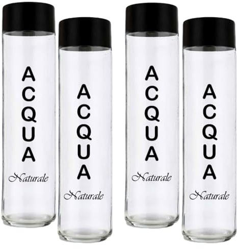 BrandPrint Set di 4 Bottiglie in Vetro Modello CILINDRO, 750 ml, Serigrafia 4 Naturale, Tappo a Vite Nero | Bottiglia Vetro Acqua