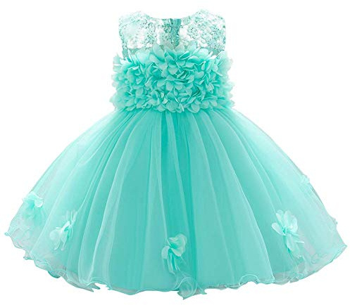 Bebé Niñas Vestido de Flores Vestido de Bautizo con Encaje de Flor 3D para Primer Cumpleaños Dama de Honor Boda Princesa Elegante Tul Tutu Sin Mangas Vestido Formal de Fiesta Verde 18-24 Meses