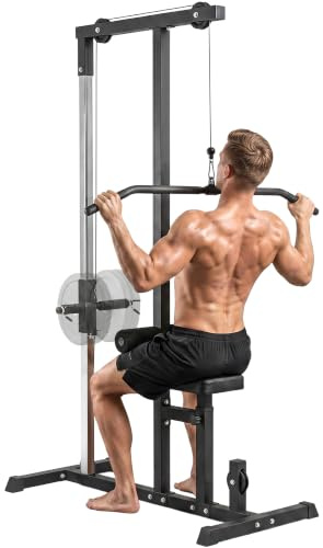 HOMCOM Stazione Fitness Pull Down Lat Machine 107x120x190cm Nero | Power Tower Multifunzione per Palestra in Casa, con Panca Regolabile a 3 Livelli, in Acciaio