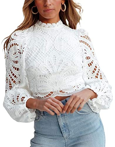Onsoyours Blusa Donna Camicia Top in Pizzo Elegante Vintage a Maniche Lunghe Collo Alto a Sbuffo Trasparente per Primavera/Autunno A Bianco S