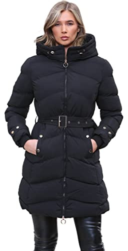 shelikes Womens Winter Coat Ladies Faux Fur Hooded Puffer Belted Quilted Long Jacket Warm Parka Coats with Detachable Hood