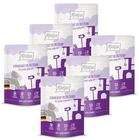 MjAMjAM - Comida húmeda Premium para Gatos - Quetschie - Pavo gustoso con Zanahorias gustosas, Pack de 6 (6 x 300 g), sin Cereales con Extra de Carne