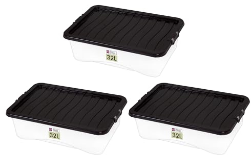 Neat. Plastics 32L Heavy Duty Storage Box, Clear Base, Black Lid - Organise Easily with Plastic Storage Box, Ideal Clear Boxes for Storage, Durable Plastic Boxes with Lids Storage, Pack of 3