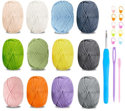Häkelgarn Baumwolle Häkelwolle Chenille Wolle zum Häkeln 12 X 50g Häkelwolle,Crochet Yarn Dickes Baumwoll-Nylon-Mischgarn Häkelgarn für Anfänger Vielfältige Farben