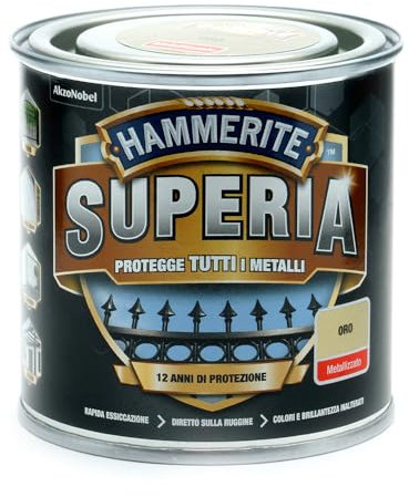 Hammerite Superia smalto metallo antiruggine interno e esterno, Metallizzato Oro, 250 ml