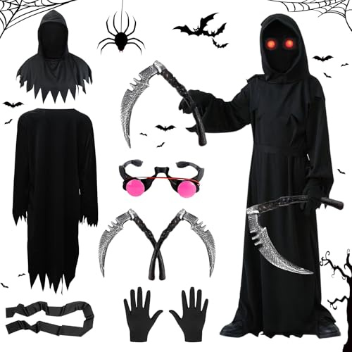 Mecctuck Costume de Faucheuse pour Enfant, 120 cm, Costume Halloween, Costume Scream avec Faucille, Déguisement Ghostface pour Halloween, Cosplay, Carnaval, Enfants Unisexes