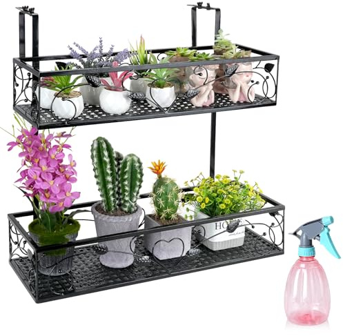 Chostky Supporto per piantagione a 2 livelli per balcone, balaustra sospesa, cestello per vaso di fiori, supporto regolabile con 1 flacone spray in plastica per balcone, terrazza, veranda, recinzione,