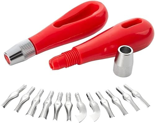 Printmaking Tools Woodcut Tools Engraving Tools Rubber Stamp Carving 2 Sets Lino Cutters with 6 Assorted Blades for Lino Cutting and Crafting, Carvings, DIY, Red