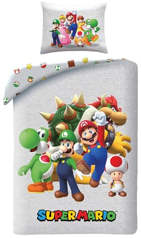 Juego de cama Super Mario 135 x 200 + 80 x 80 · Con Mario, Luigi, Toad, Peach, Wario y Yoshi · Juego de ropa de cama infantil de 2 piezas funda nórdica + funda de almohada · Tamaño alemán · microfibra
