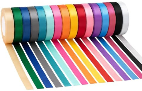 Pack of 16 Multicolor Satin Ribbons for Crafting (Each 10mm X 22m) Thin Ribbon for Crafting, Hair Ribbons, Thick Ribbon Set, Silk Ribbons for Hair, Coloured Ribon for Sewing, Fabric Ribon Satin