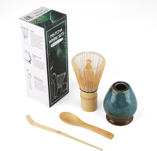 Matcha Set, Gelb MatchaBesen aus Naturbambus, Bambuslöffel, Bambusschaufel, Quirlhalter, 4 Stück MatchaTee Sets, Einfach zu Reinigen, Blau-Grün