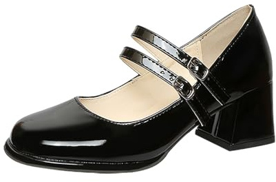 UK 5 Women's Chunky Low Block Heels Mary Jane Square Toe Dress Pump Court Shoes Double Straps Mid-Heel Wedding Party Dress Pumps Work Shoe Black Footwear