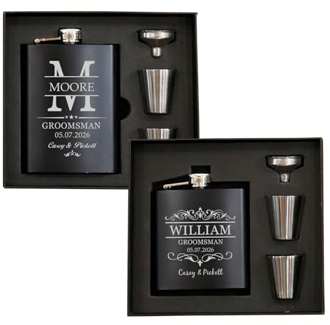 Fiaschetta Personalizzata da Uomo,Fiaschetta per Vino Incisa in Acciaio Inossidabile,Fiaschetta per Testimoni Dello Sposo,Regalo per Nozze, Laureato,Compleanno,Nero,Scatole regalo opzionali